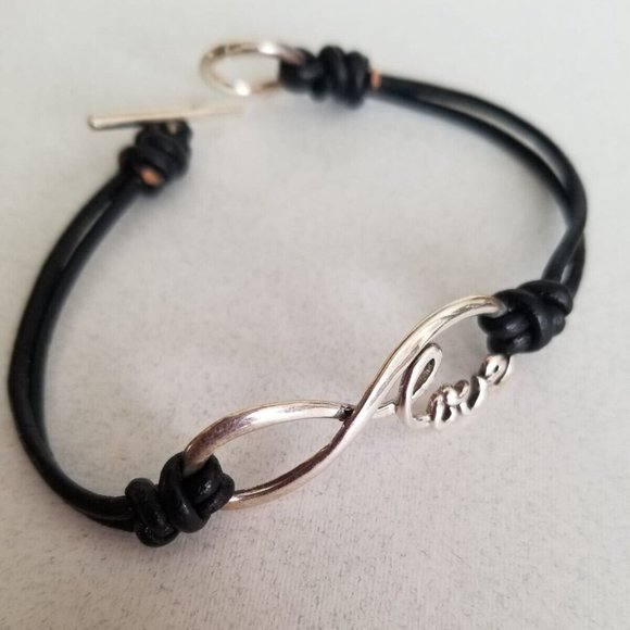 Sterling Silver Love Infinity Genuine Black Leather Handcrafted Cord Bracelet - Picture 2 of 9